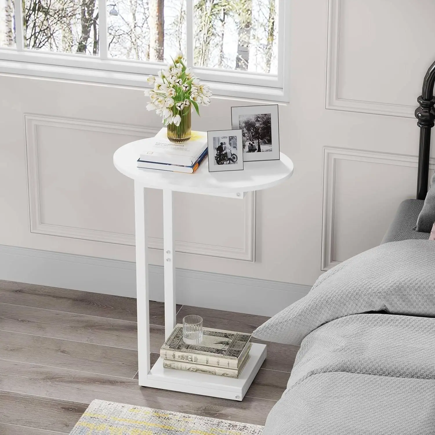 Small Side Table End Table, C Shaped Oval Coffee Table, Wooden TV Tray for Living Room, Bedroom