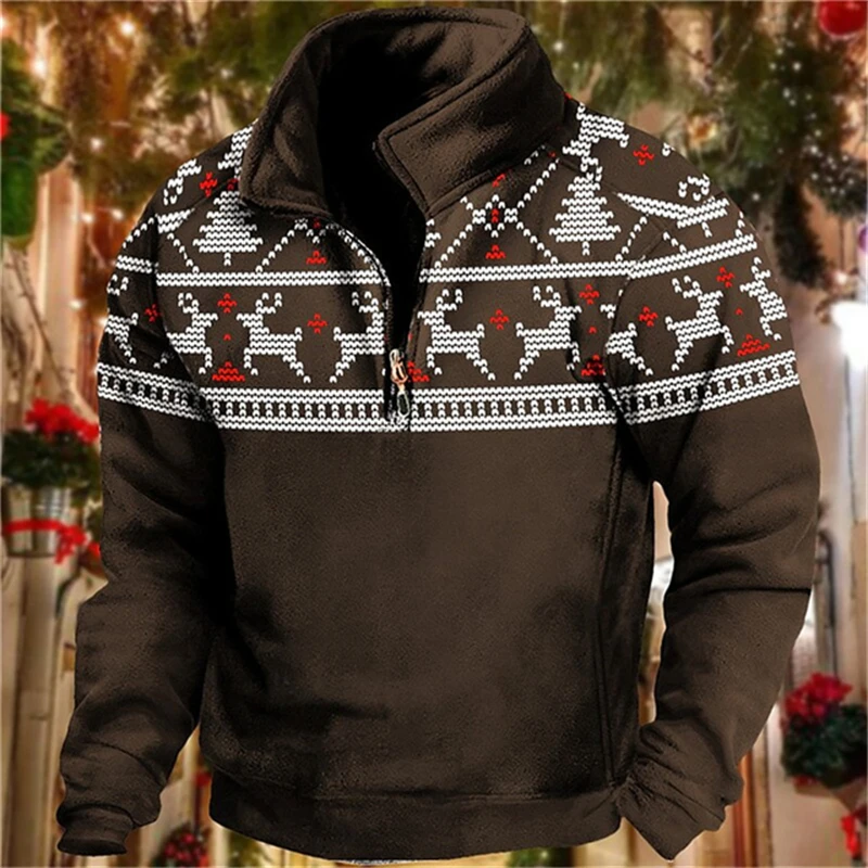 

Men's Santa Claus Print Half Zip Long Sleeve Sweatshirts Autumn Christma Clothes Fashion Stand Collar Loose Tops X'mas Pullover