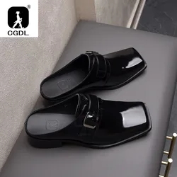 Luxury Patent Leather Mens Half Shoes Slippers 2024 Summer New Designer Black Genuine Leather Man Casual Party Business Shoes