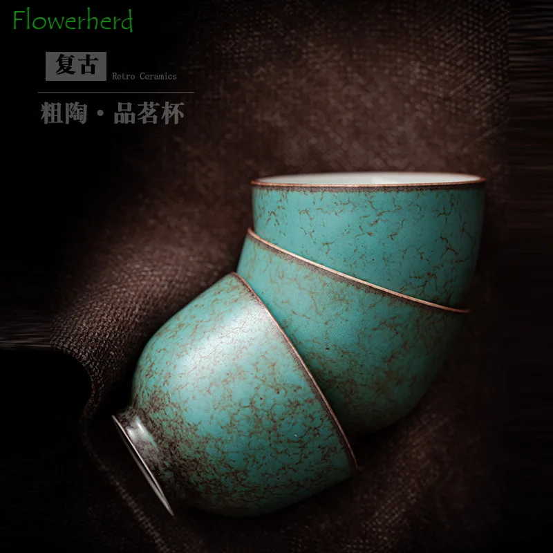 Retro Green Flower Glaze Ceramic Tea Cup Teaware Kung Fu Tea Set Small Master Cup Coarse Pottery Teacup Chinese Tea Set Cup