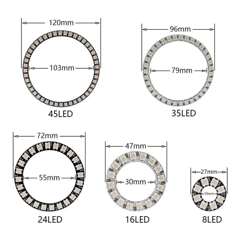 LED Angel Eye Light Ring 8 16 24 35 45 Pixels Lamp SMD 5050 WS2812B Built-in Smart Driver IC Independent Addressable Round Halo