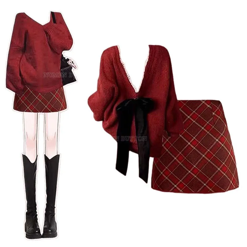 ชุดแฟชั่นฤดูใบไม้ร่วงและฤดูหนาวสำหรับผู้หญิง เสื้อถักสีแดงลดอายุ + กระโปรงสั้นลายสก็อต ชุดสองชิ้น