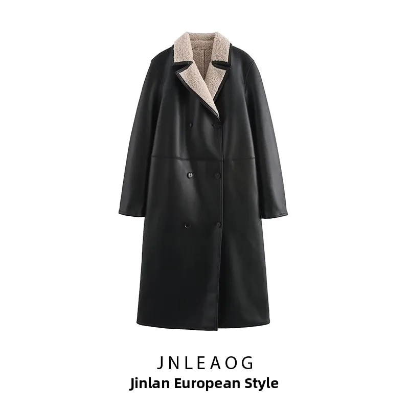 Faionable dubbelzijdige jas Jaet Dames Busin Casual Sle synthetisch leer Lange Sve polyestervezeljas