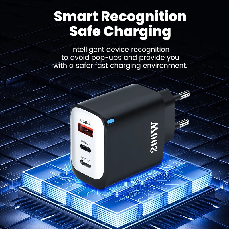 200W 1 USB+2 Type-C 3 Ports Fast Charger Phone Power Adapter EU/US/UK Plug Wall Charger For Xiaomi iPhone Samsung Huawei/Tablets - náhled 4