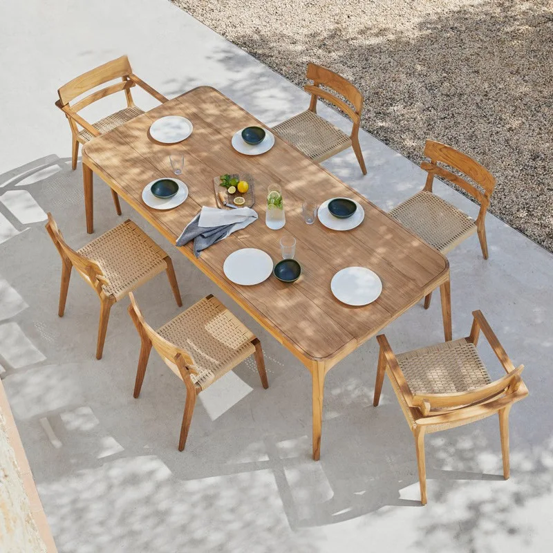 Outdoor Solid Wood Tables And Chairs Courtyard Garden Outdoor Open-air Villa Hotel Rattan Combination Furniture All Solid Wood C