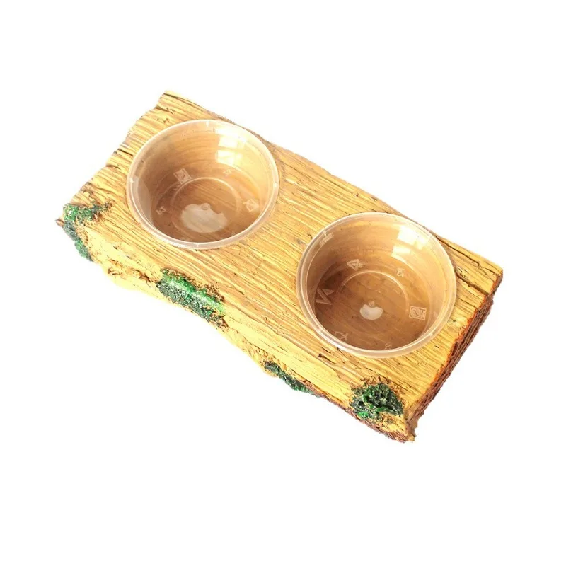 

Reptile Feeding Bowl Natural Wood Log Style Dual Dish Gecko Lizard Chameleon Removable NonMold Chew Resistant Landscape Decor