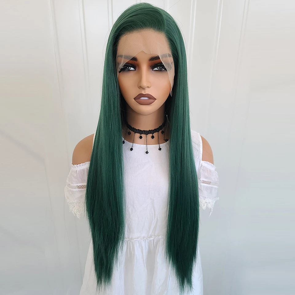 برناردو شعر مستعار أخضر داكن 13X4 الاصطناعية الدانتيل الجبهة الباروكات للنساء 26 بوصة طويل مستقيم الشعر ألياف مقاومة للحرارة غلويليس الباروكات
