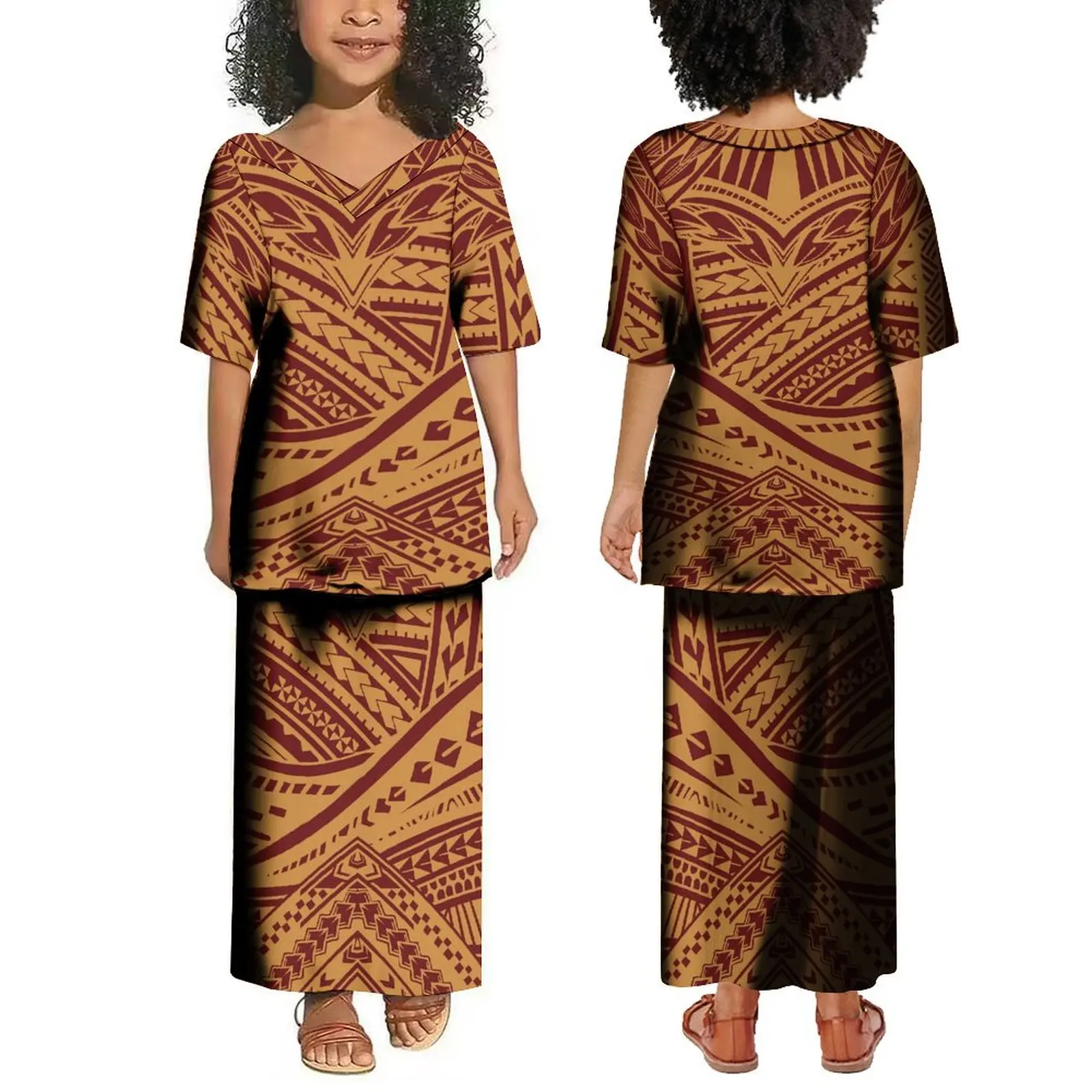 Samoa Custom Children'S Dress Girl Puletasi Summer Short Sleeve Elegant Long Skirt V-Neck Design Top And Skirt Polynesian Custom