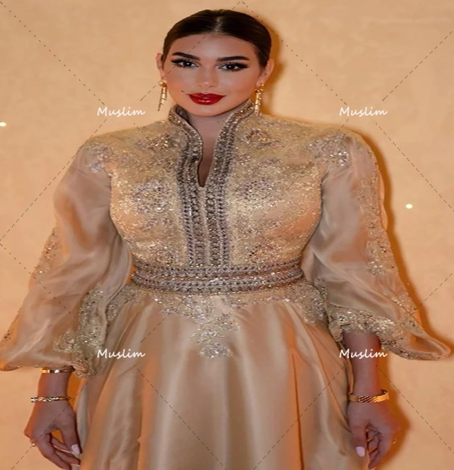 Luxo dourado árabe vestido de noite manga longa uma linha frisado formal vestidos de baile ocasião especial senhoras festa turquia customzied