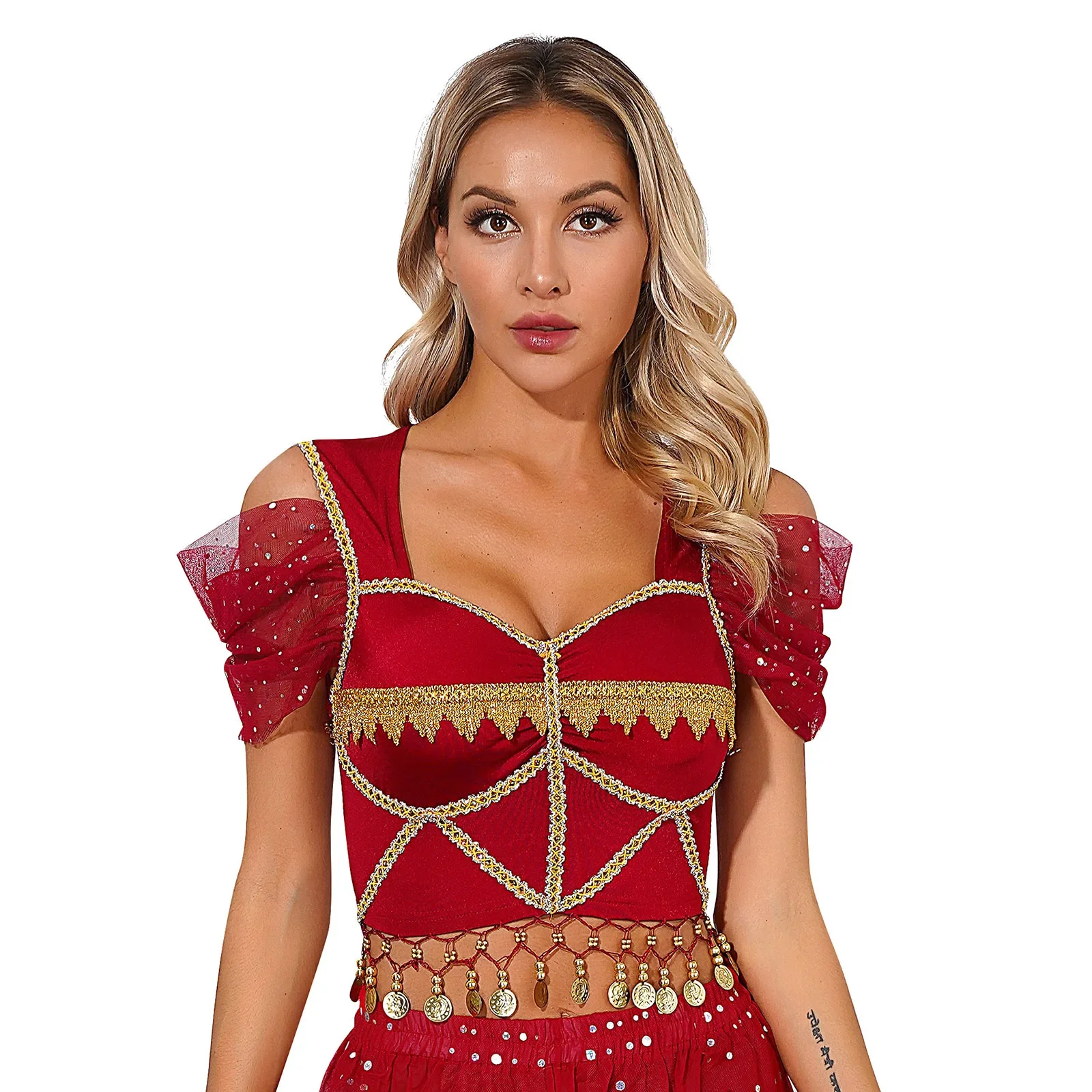 

Women Sexy Belly Dance Crop Top Bollywood Bellydance Bra Mesh Sleeve Built-in Chest Pads Tank Tops Club Dancing Carnivals Party