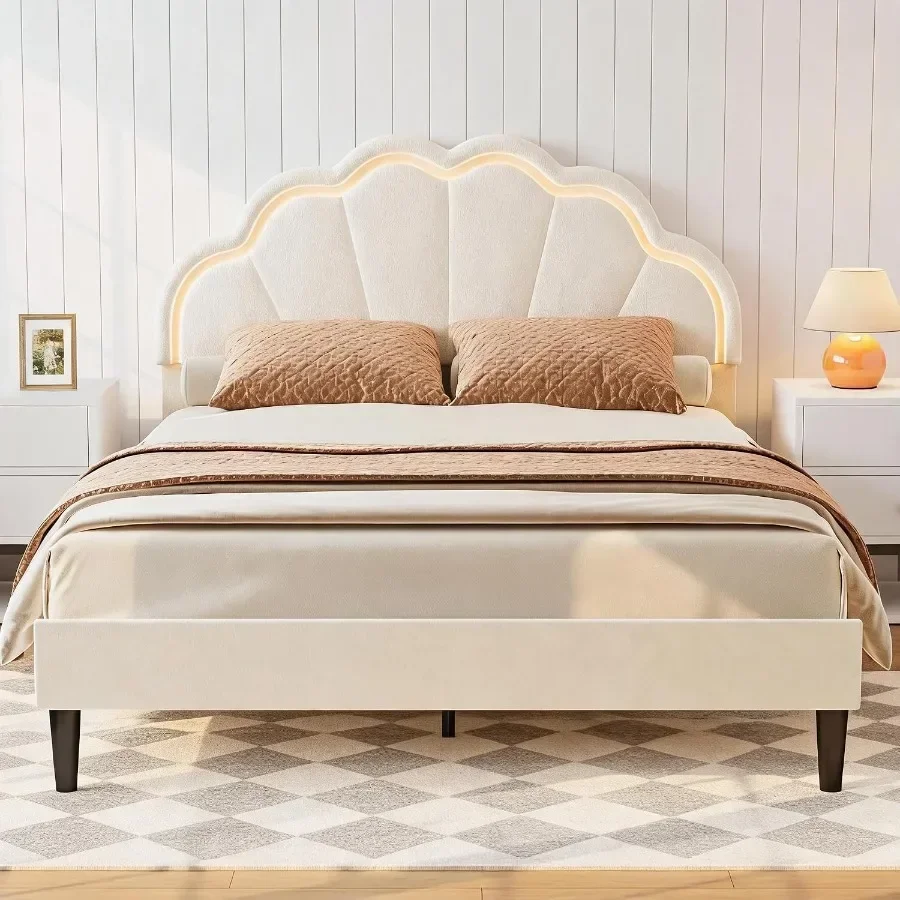 Upholstered LED Full Bed Frames with Velvet Seashell Headboard, White
