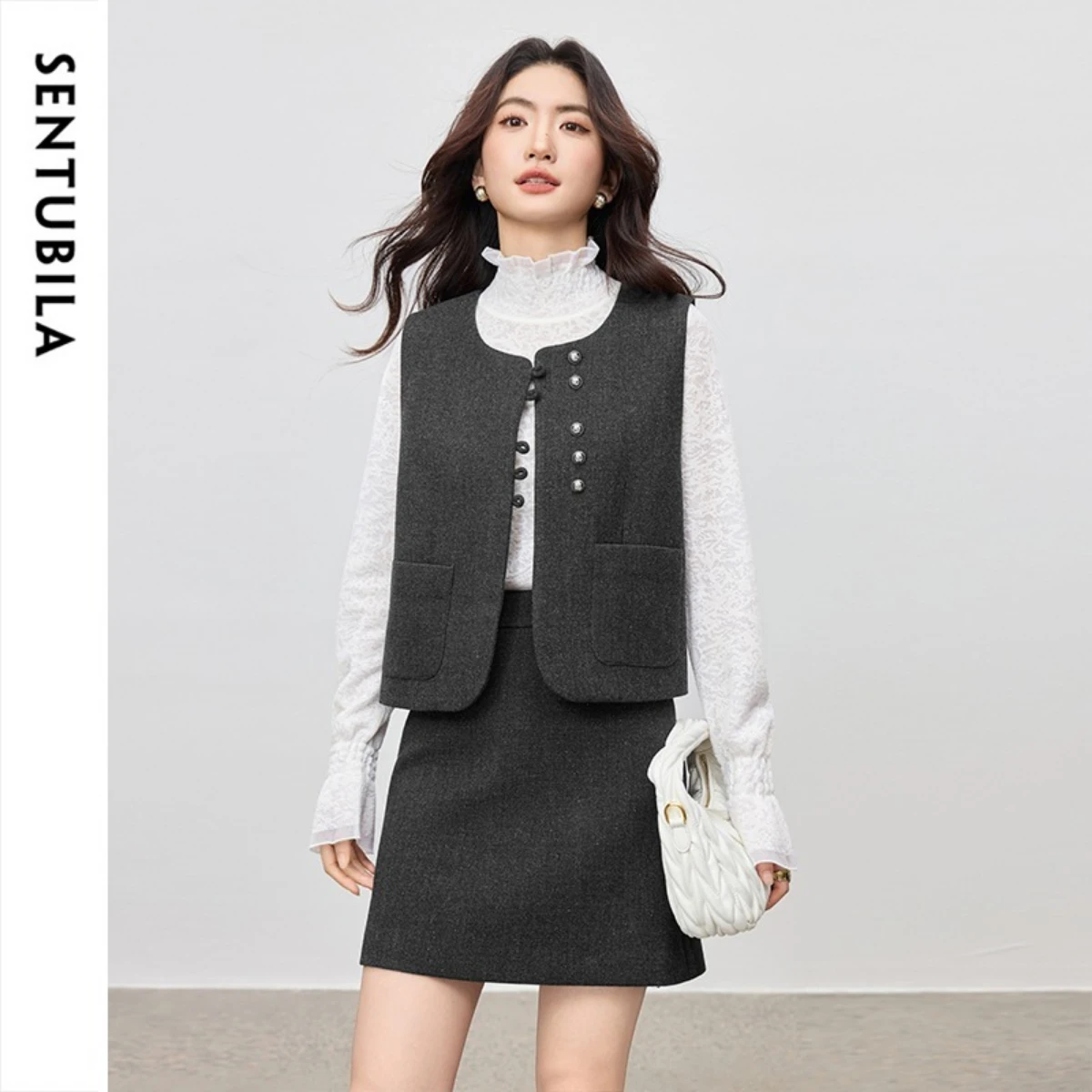 SENTUBILA Women's 2 Piece Set 2026 Winter Metal Buckle Vest Top High Waisted Straight Skirt Elegant Mini Skirt Set 154ZA3948
