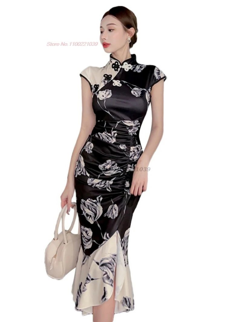 チャイナドレス-花柄のノースリーブドレス,伝統的なイブニングドレス,セクシーなqipao,中国のヴィンテージ,2022