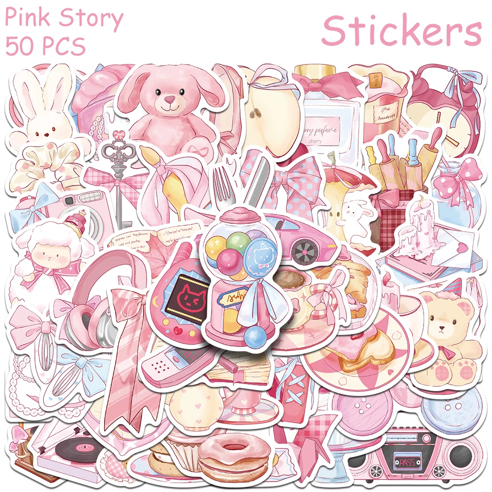 

50pcs Cartoon Pink Story Stickers Decals For Phone Laptop Suitcase Scrapbook Refrigerator DIY Aesthetic Stickers Kids Toys Gifts