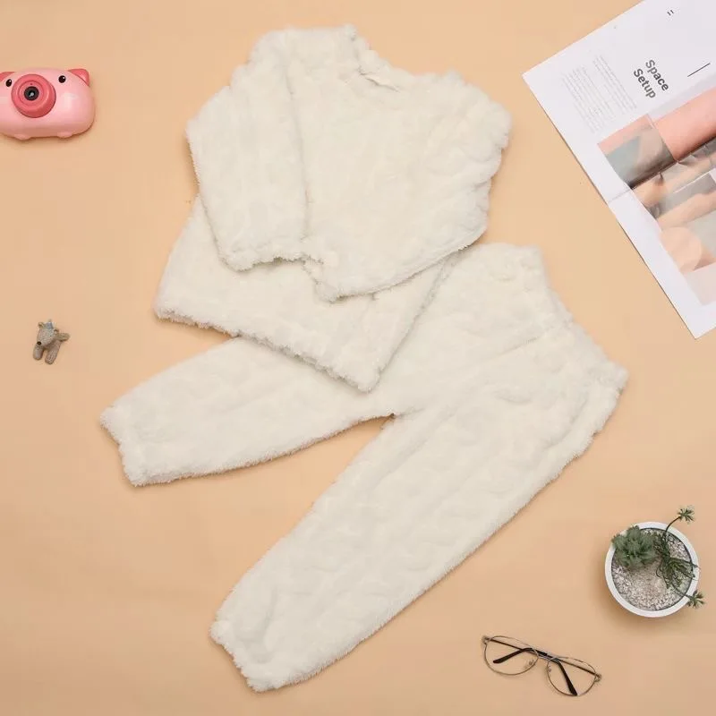 2Pcs/set children\'s coral velvet homewear thickened padded warm pajamas men and women multicolor long-sleeved long pants pajamas
