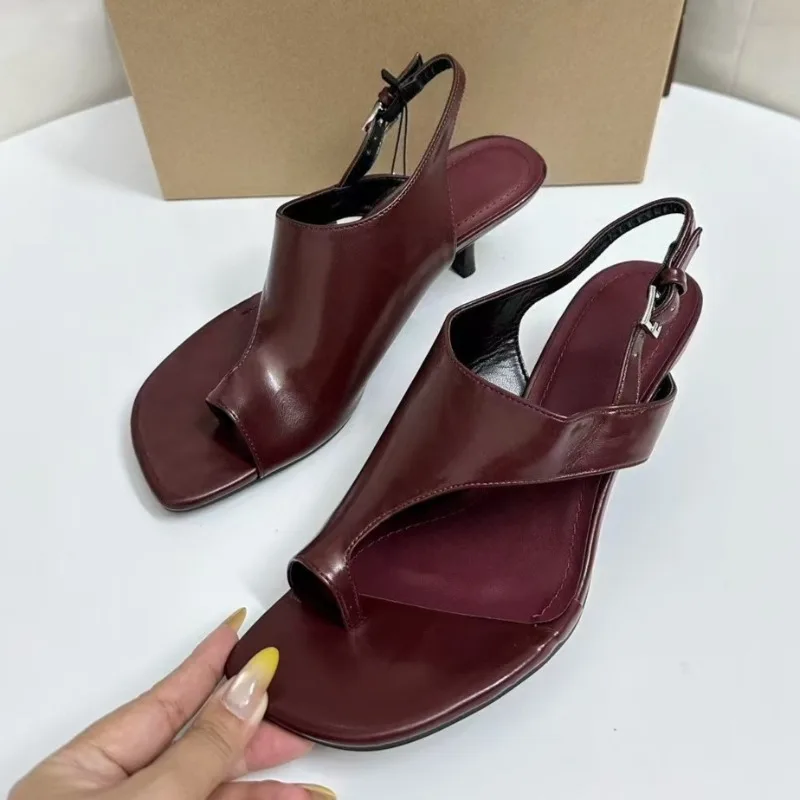 

2025 Summer Clip Toe Women High Heels Sandals Retro Square Toe Plus Size Buckle Strap Sandalias Mujer Brand Soft Leather Shoes
