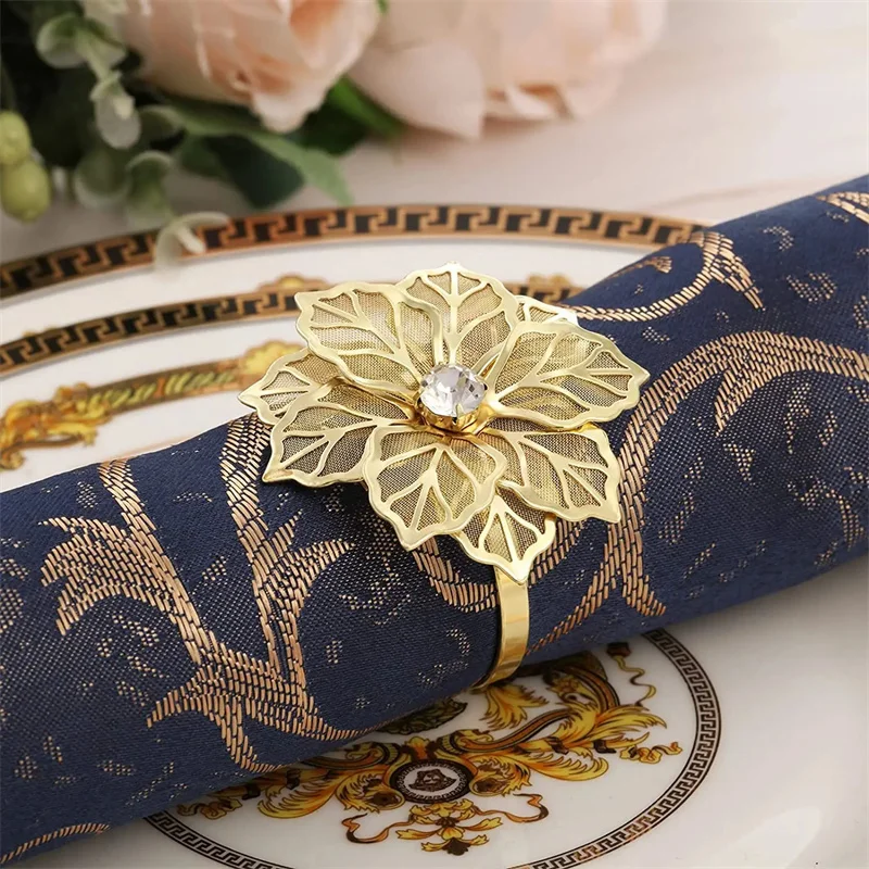 1/6Rose Flower Napkin Holder Floral Rhinestone Napkins Rings for Wedding Christmas Party Dinner Table Decor