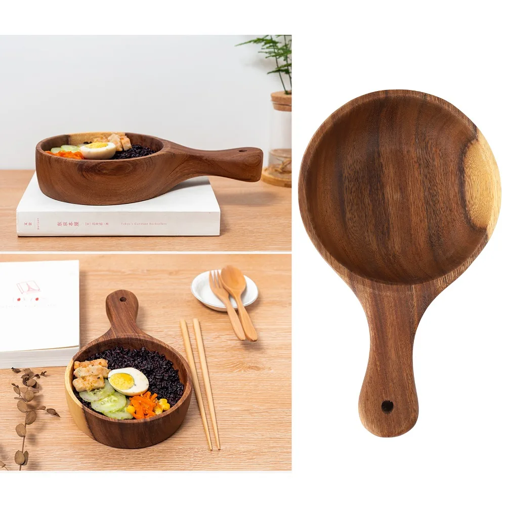 solid wood kimchi bowl Round bowl with handle handled bowl Original wood grain Thicked serving bowl Pickle preservation