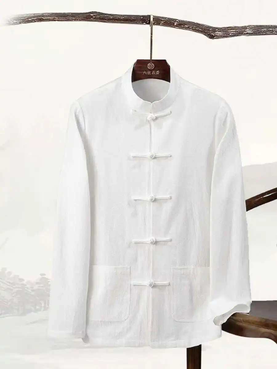 

Chinese Sle Long Sve Men's irt Stand Collar Inner Wear Top Spring Autumn Casual Mid-Year Button down Tang Costume