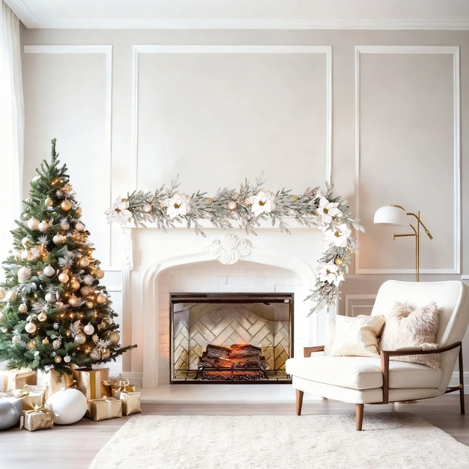 

Battery-Operated 9ft Christmas Garland with 100 LEDs No Outlets Needed for Indoor & Outdoor Holiday Decor Pre-Lit with Gold B