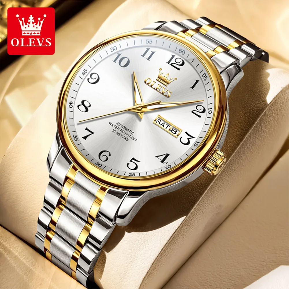 

OLEVS оригинальные мужские часы, автоматические механические наручные часы с номером для мужчин, роскошные классические часы, новинка 2025 года, дата неделя, золотой, белый цвет