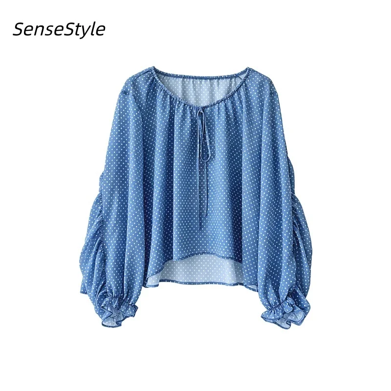 

Summer Polka Dot Chiffon Blouse Women Drawstring Neck Puff Sleeve Off Shoulder Korean Casual Tops