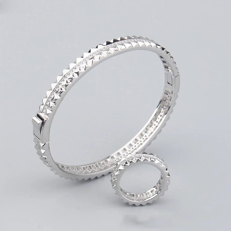 Europe and America Titanium Rivet Double-Row Steel Inlaid AAA Zircon Luxury Bracelet Ring Set