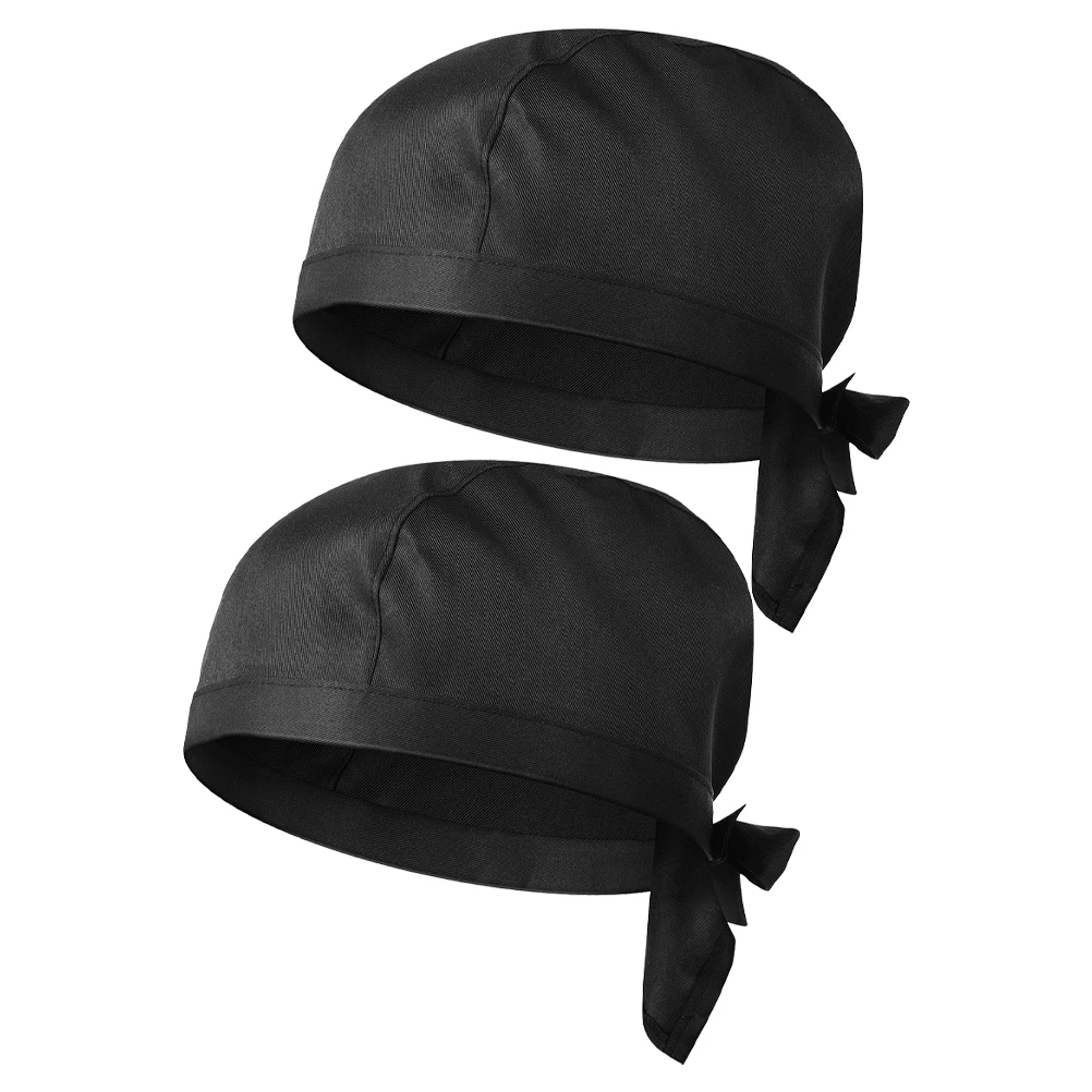 2pcs Chef Turban Cap Black Kitchen Hat Adjustable Ribbon Suitable for Chefs Cooks Catering Skull Cap Soft Cloth Design One Size