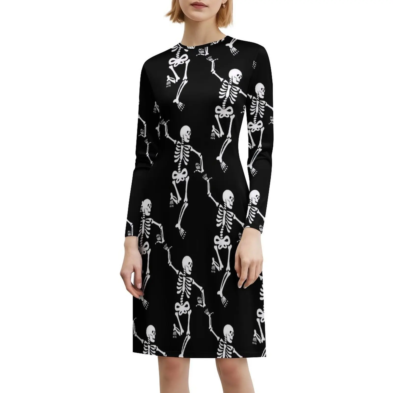 هالوين الرقص الهياكل العظمية نمط على خلفية سوداء المرأة الشارع الشهير فستان الحفلات العصرية طباعة نادي الملابس للإناث
