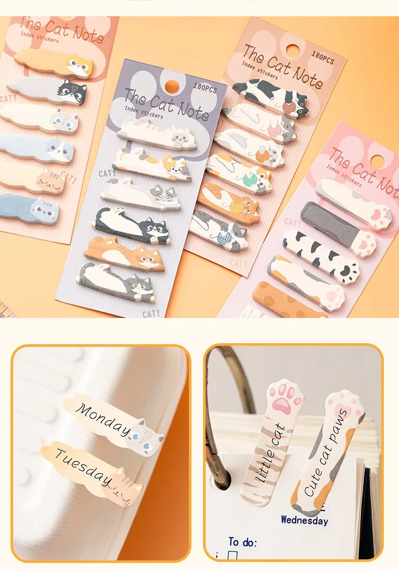 180 Blatt Haftnotizen mit Cartoon-Tieren, Kawaii-Katzen-Index-Tabs, Aufkleber, Etikettenpapier, Notizblöcke – Detail 11