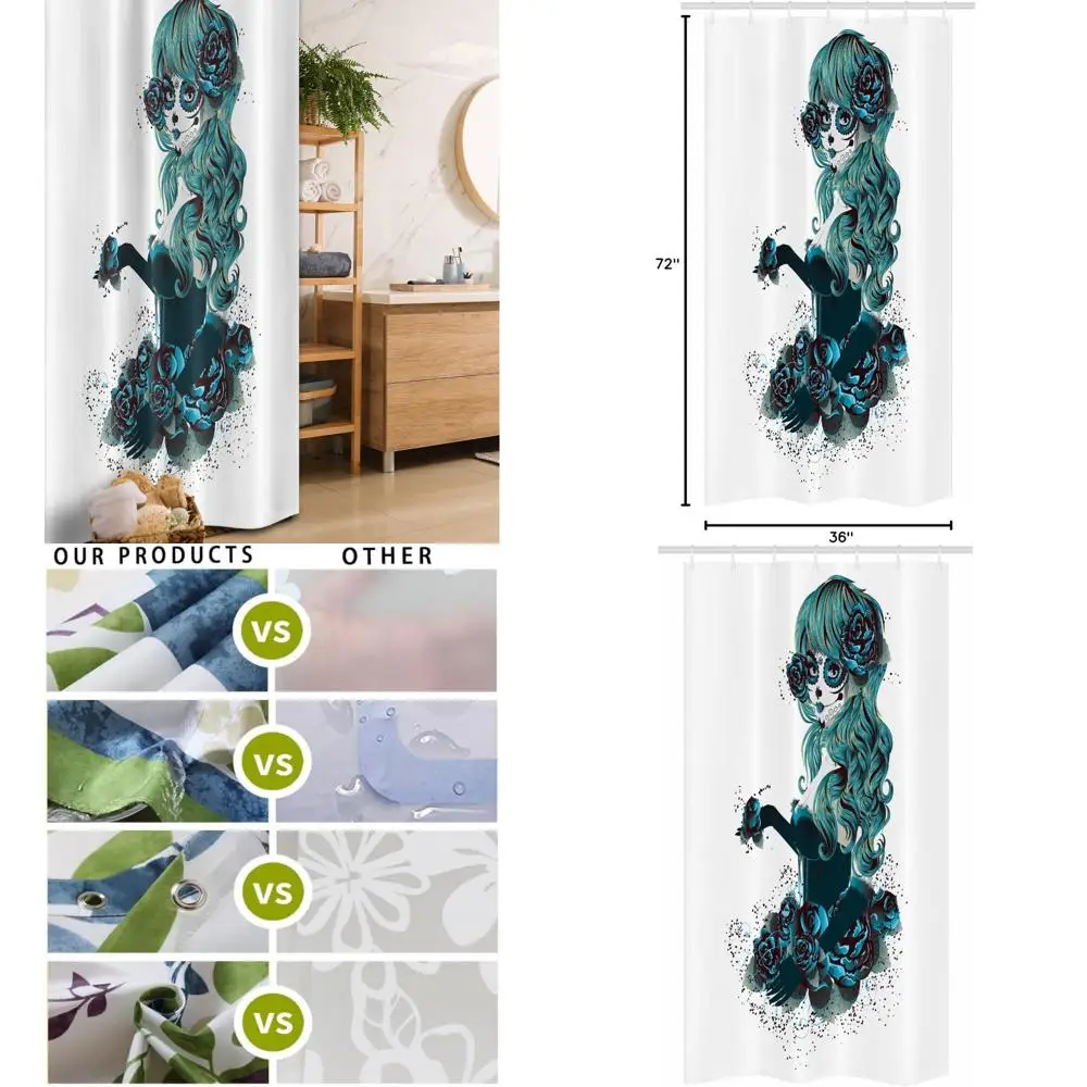 

Винтажная занавеска для душа с сахарным черепом - темная роза, день мертвой невесты, графический декор для ванной комнаты