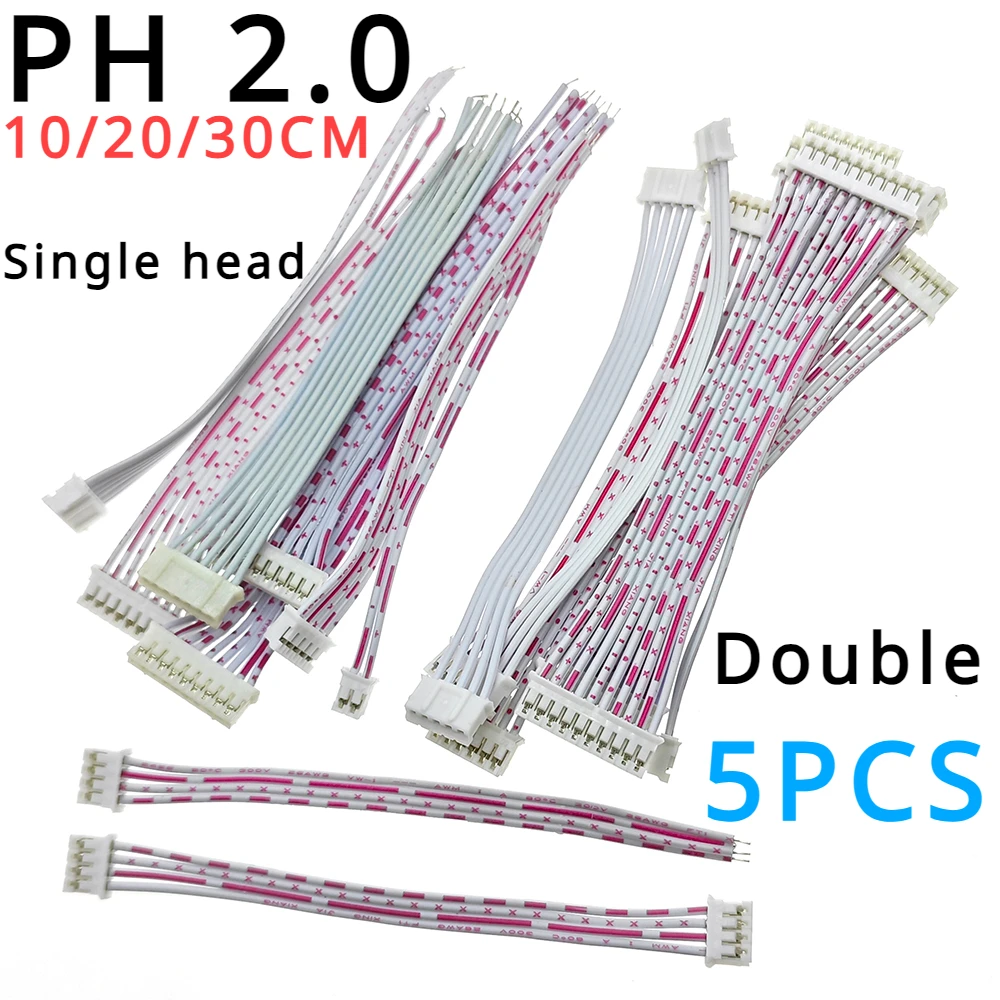 5PCS PH 2.0mm Pitch Connector Cable PH2.0 Plug Line Length 10/20/30CM 2P/3P/4P/5P/6P/7P/8P/9P/10P/12P Single / Double Head 26AWG