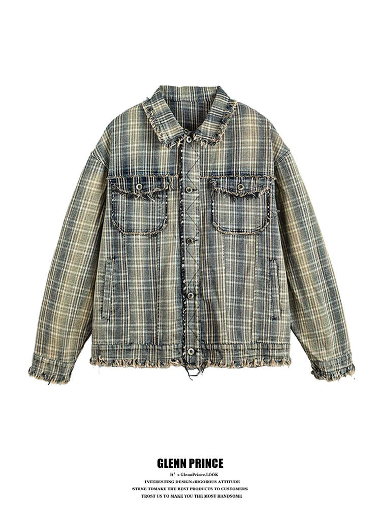 

Винтажная джинсовая куртка с рюшами и клетчатым узором, свободный крой, длинный рукав, молодежный стиль, осенняя верхняя одежда, ветрозащитная, хлопок...