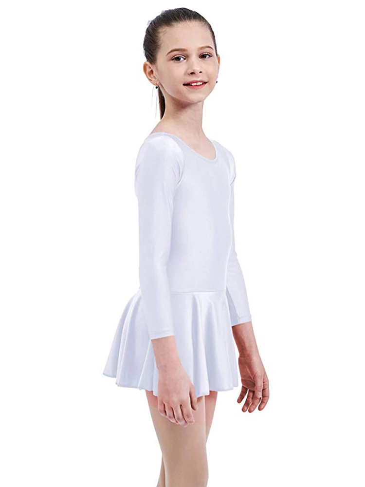 ピンク長袖ダンスレオタード スカート付き 女の子用体操ボディスーツ スクープネックスパンデックスコスチューム ナイロンダンス服