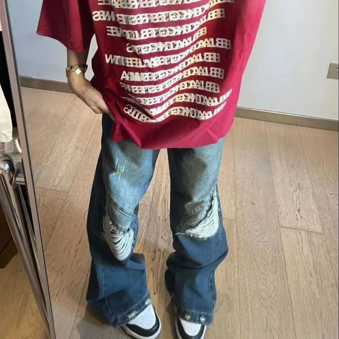 American Retro Beggar Ripped Jeans Women Autumn High Street Design High Waist Straight Loose Draped Wide-Leg Pants