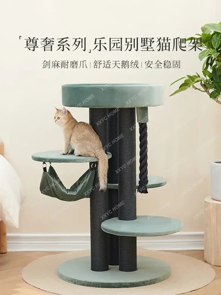 Large Luxury Cat Climbing Frame Villa Solid Wood Grab Column Hammock Pet Toy