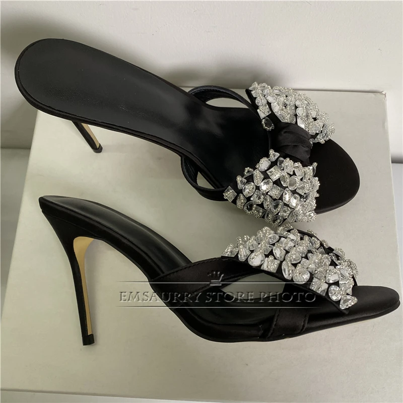 Sewing Rhinestone Butterfly-Knot Sandals Women 10cm Stiletto Heel Luxury Satin Slingbacks Slim Summer Shoes