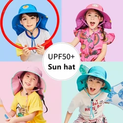 Summer Children Sun Hat With Neck Flap Strap Wide Brim Beach Hats Kids Bucket Hat UV Protection Panama Cap For Boys Girls