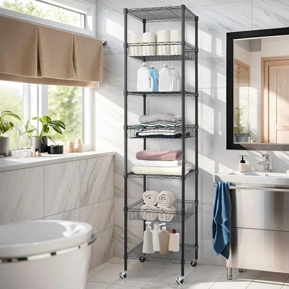 رفوف سلكية شديدة التحمل مكونة من 7 طبقات بعجلات، مقاس 18 × 18 × 78.8 بوصة، رف تخزين للمطبخ/الحمام/المكتب، معتمد من NSF، باللون الأسود