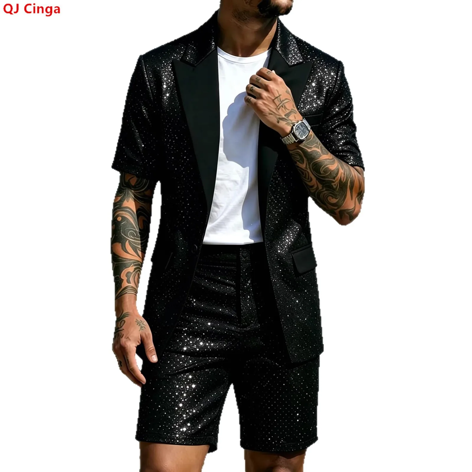 Men's Summer Two-piece Suit Set Featuring A Black Short-sleeve Jacket and Shorts, Perfect for Weddings/Parties/Travel/Vacations.