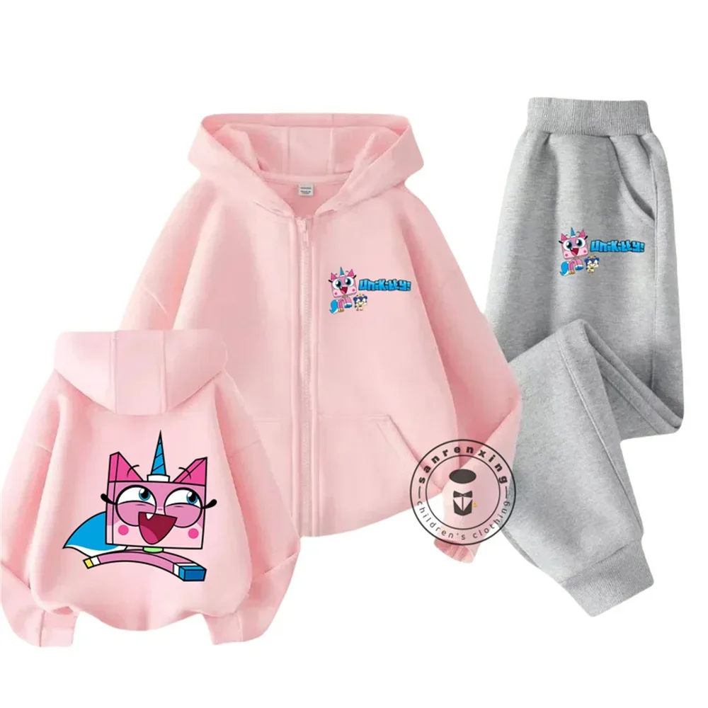 2025 New Unikitty Girls Kids Zipper Hoodie Set 3-14 Spring Girls Boys Birthday Gift Fashion Casual Hoodie + Pants