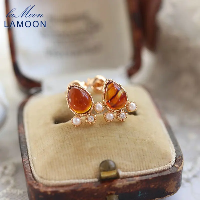 

Amber Earrings for Women Pearl 925 Sterling Silver Gold Plated Water Drop Shape Stud Earring Elegant Fine Jewelry EI167