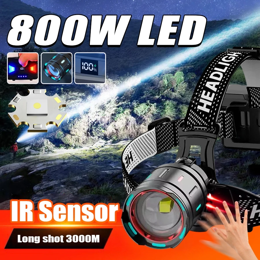 

Upgrade 800W IR Sensor Headlamp Rechargeable Powerful LED Headlight 3000M High Power Head Flashlight Fishing Head Lamps Lantern