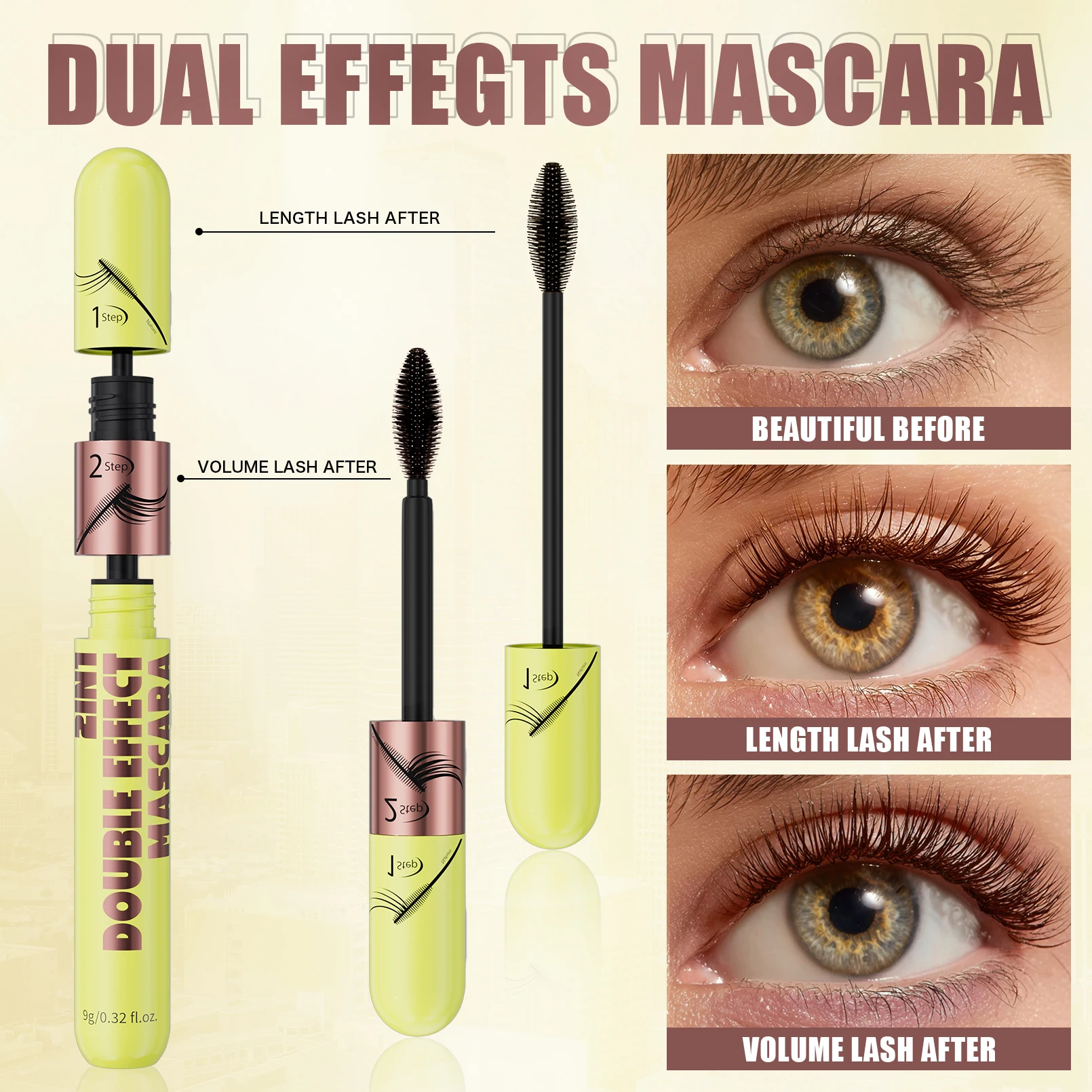 [Dual Brush Heads Brown Mascara] Waterproof Brown Mascara with Dual Brush Heads - Smudge-Proof, Clump-Free for Longer