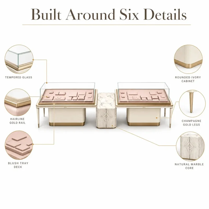custom.Custom Luxury Ivory White and Rose Gold Jewelry Display Cabinet with LED Light Storage Showcase Jewelry Store