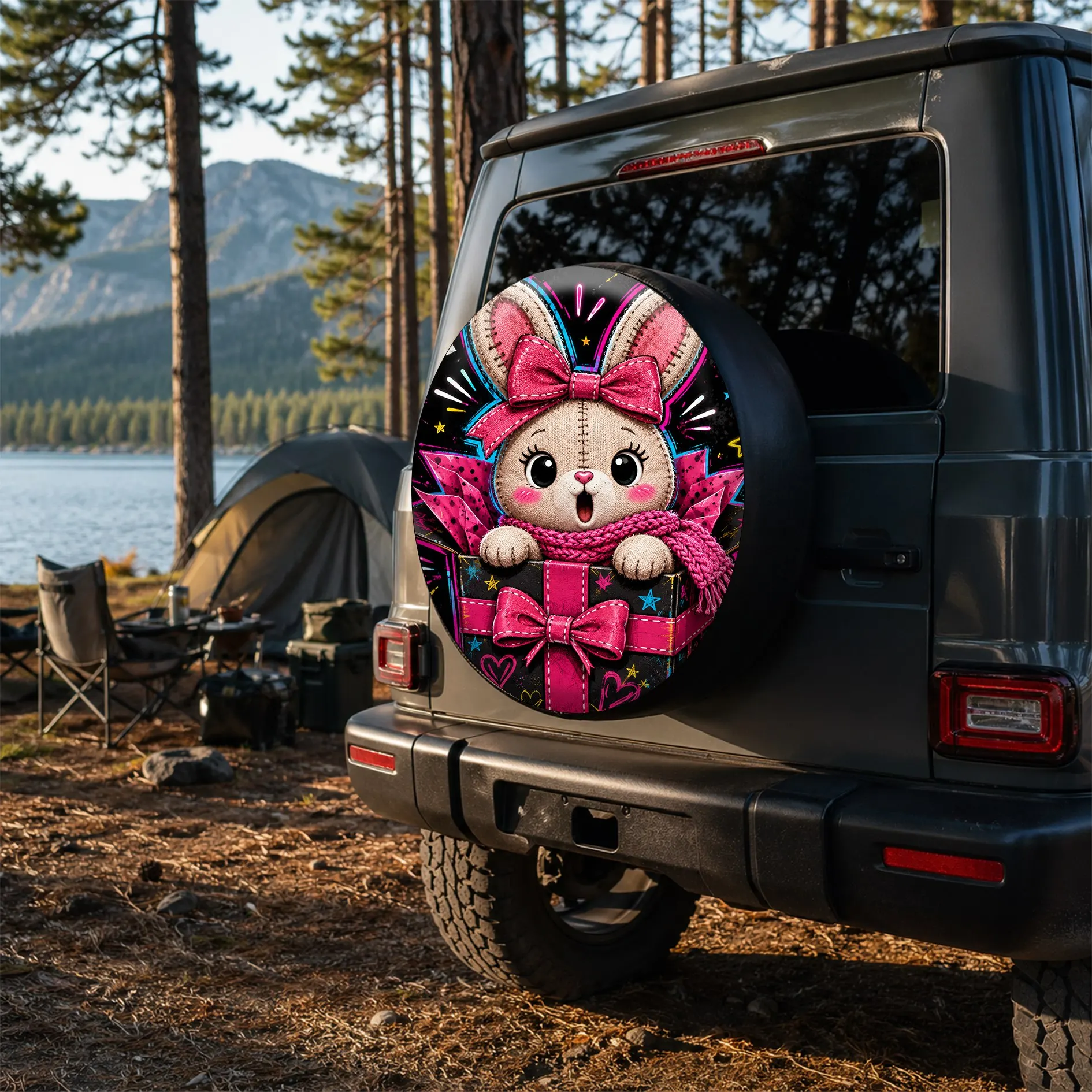 1pc Cute Cartoon Rabbit Style Printed Pattern Car Tire Cover, Fashionable Universal Wheel Hub Protector, Spare Tire Protection,
