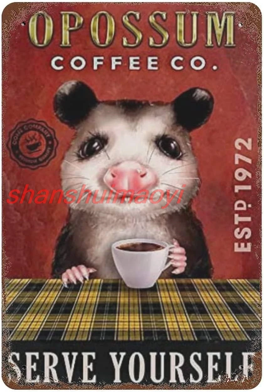 Nostalgic Vintage Metal Wall Décor 8 X 12 Inches Opossum Coffee Co Serve Yourself for Restroom Bar Club Cafe Home Decor  ALI