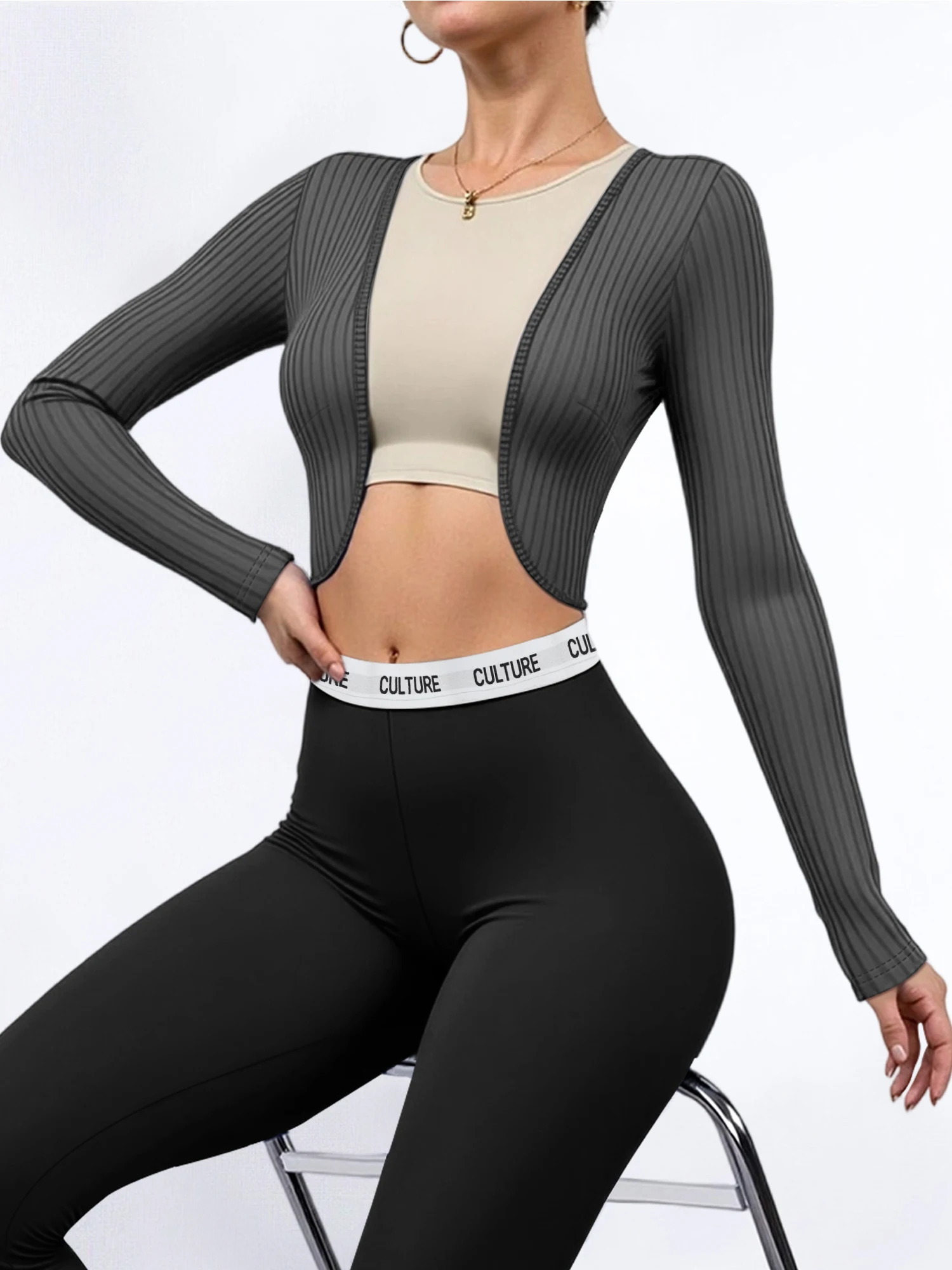 

Женский укороченный кардиган из рубчатого трикотажа с длинным рукавом, облегающий, осенняя коллекция 2026, повседневный, универсальный, для многослойных образов