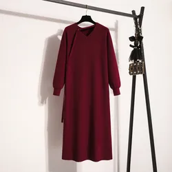 Women Basics Long Sleeves Elegant V-neck Chic Asymmetrical Loose Knitted Dresses Office Lady Autumn Winter Plus Size Clothing