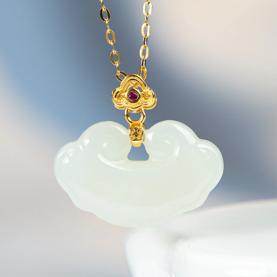 

TIMESWIND White Natural Hetian Jade Ruyi Pendant S925 Silver Zircon Auspicious Women Necklace with Certificate